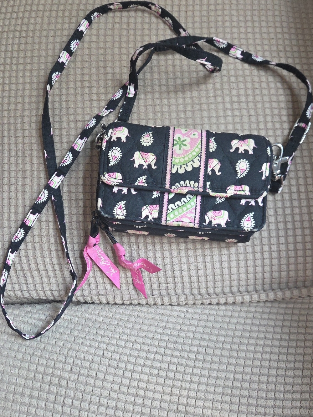 Vera Bradley Black and Pink Elephant Print Crossbody/Wristlet Bag